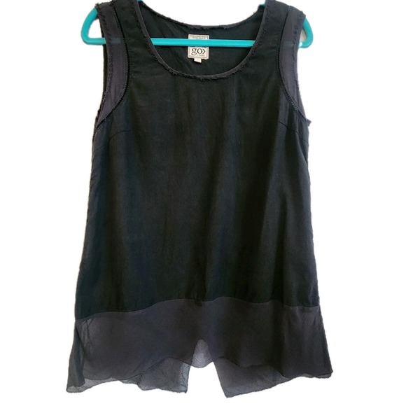 Go by GoSilk Tank Top M Black 100% Silk Sheer Hem Raw Edge Sleeveless‎ Blouse - Picture 1 of 11